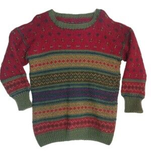 VTG 80s Hand Knit Wool Blend Folk Pattern Sweater W -M Green Red Fair Isle Style